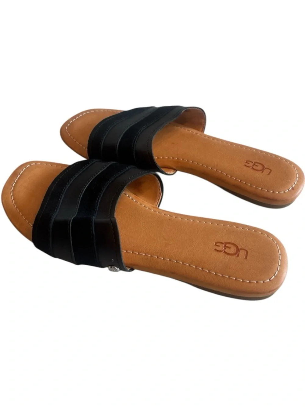 UGG Ximena Slide Black Leather Sandals  Double Strap Minimalist Slides - Picture 3 of 5